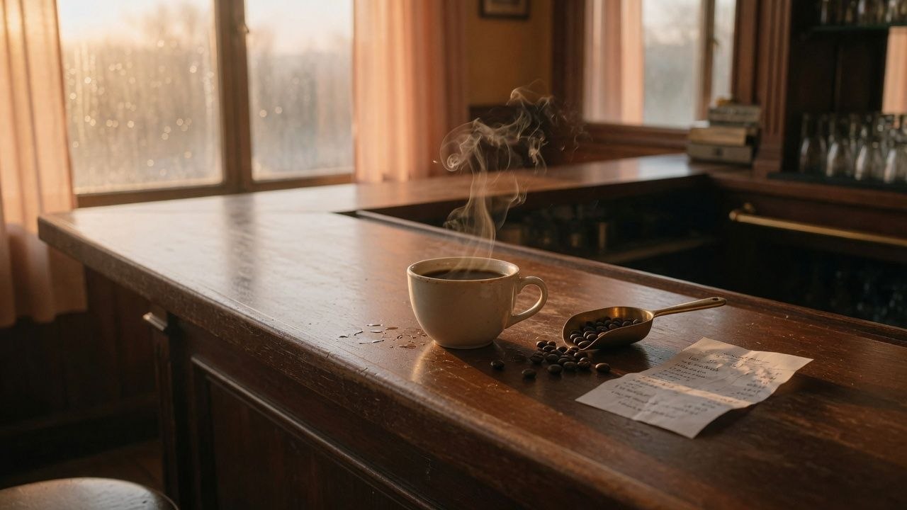 A quiet café scene with warm golden light, a handwritten note, scattered beans, and a brass scoop