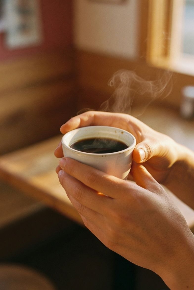 Two hands cradling a small ceramic cup of coffee with rising steam