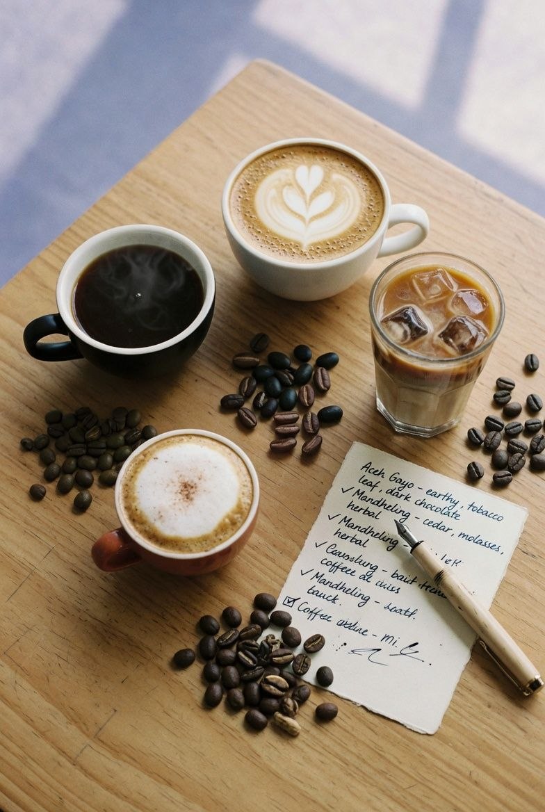 Four specialty coffee cups arranged on a wooden table with scattered single-origin beans and a handwritten tasting card
